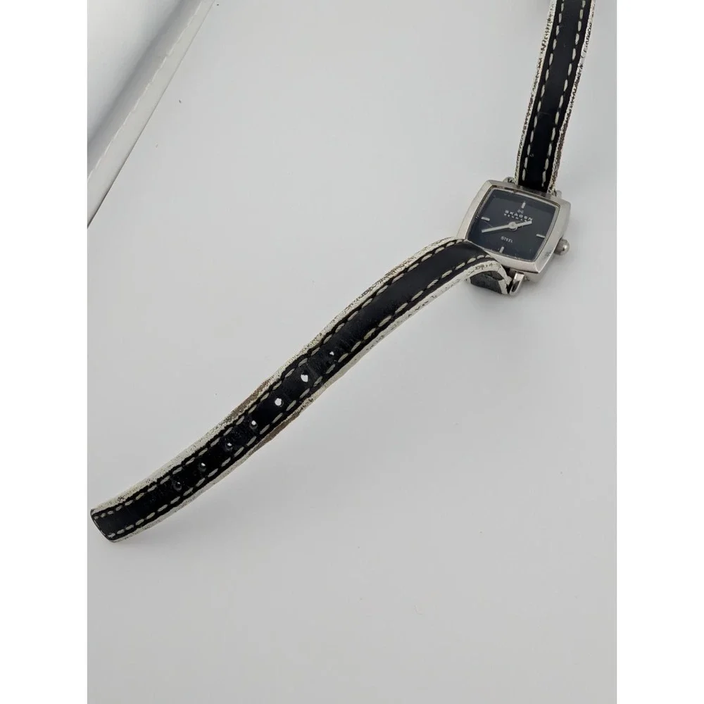 Skagen Steel Watch Women 17mm‎ Case Petite Black Leather Band- New Battery